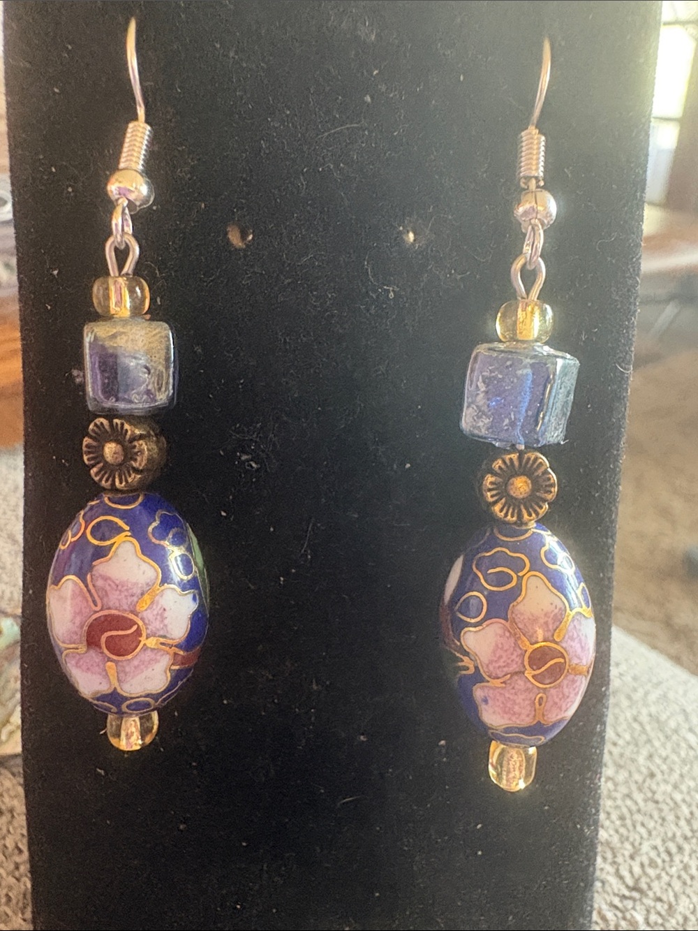 Hand Crafted Blue and Pink Floral Cloisonné Dangle Earrings